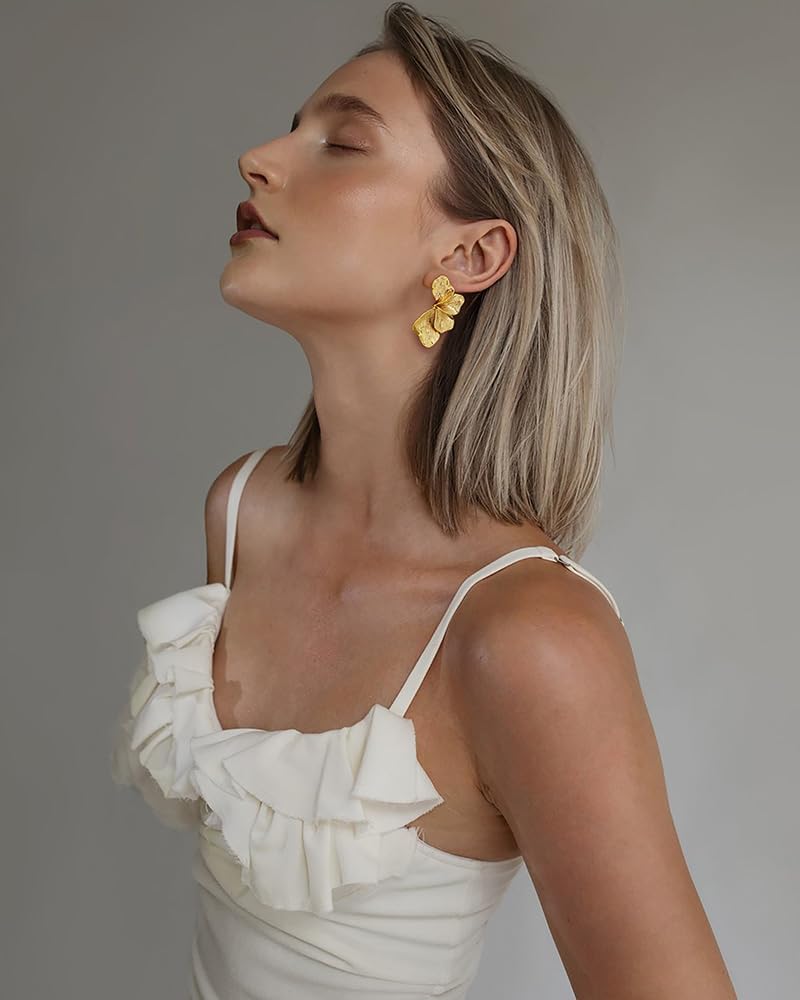 FAUTHENTICUTE Chunky Gold Statement Earrings For Women Gold Plated Sectored Flower Leaf Shell Angel Wing Earrings Large Stud Earrings Hypoallergenic Earrings - Image 3